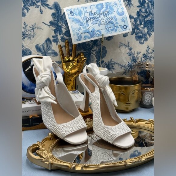 🆕 GIANNI BINI 🧿 NWOB Coray Pearl Embellished Satin Bow Slingback, Sz 7.5 - Picture 2 of 16